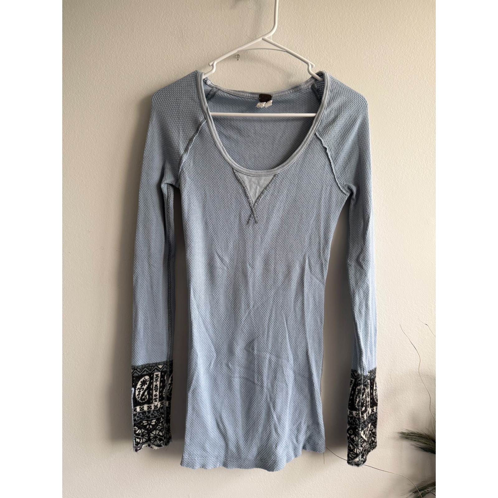 We The Free Free People Light Blue Waffle Knit Thermal Mixed Print Studded Cuffs